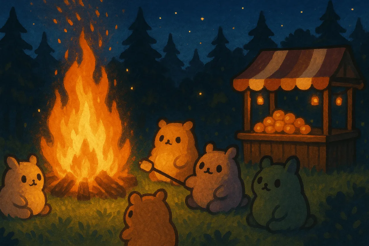 Emberwake event art: little GlenFrens round a bonfire