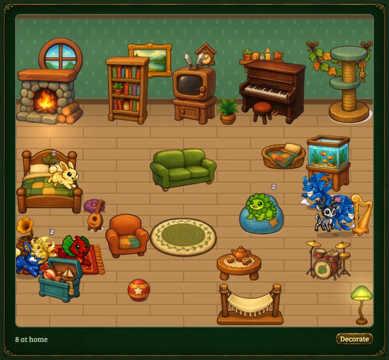 A furnished room in Everglen player housing, with GlenFrens at home
